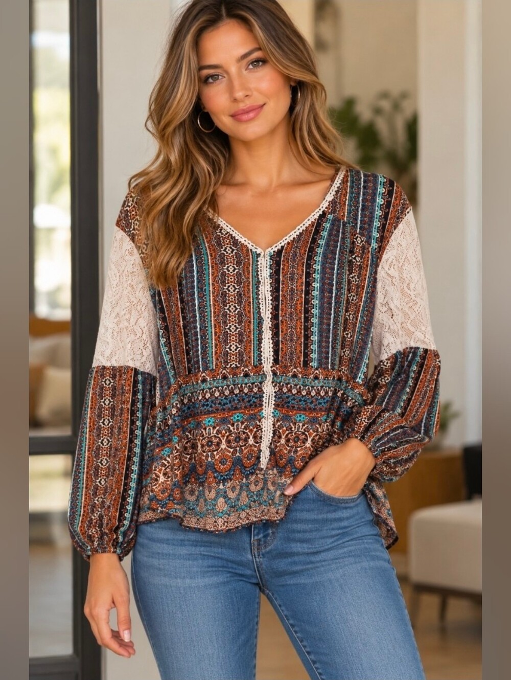 ONE WORLD Multi-Stripe Boho Tunic with Lace Sleeves